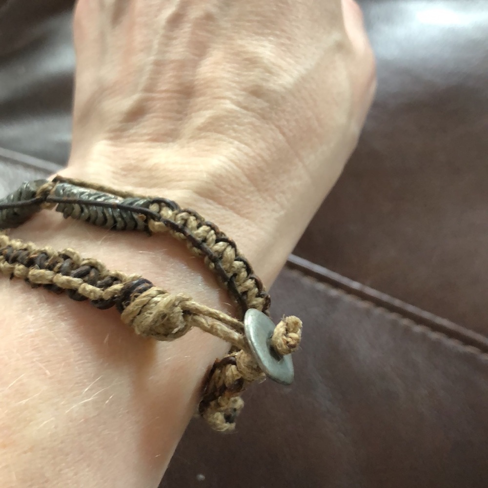 Wrap bracelet with metal and jute look braided bracelet - unisex style